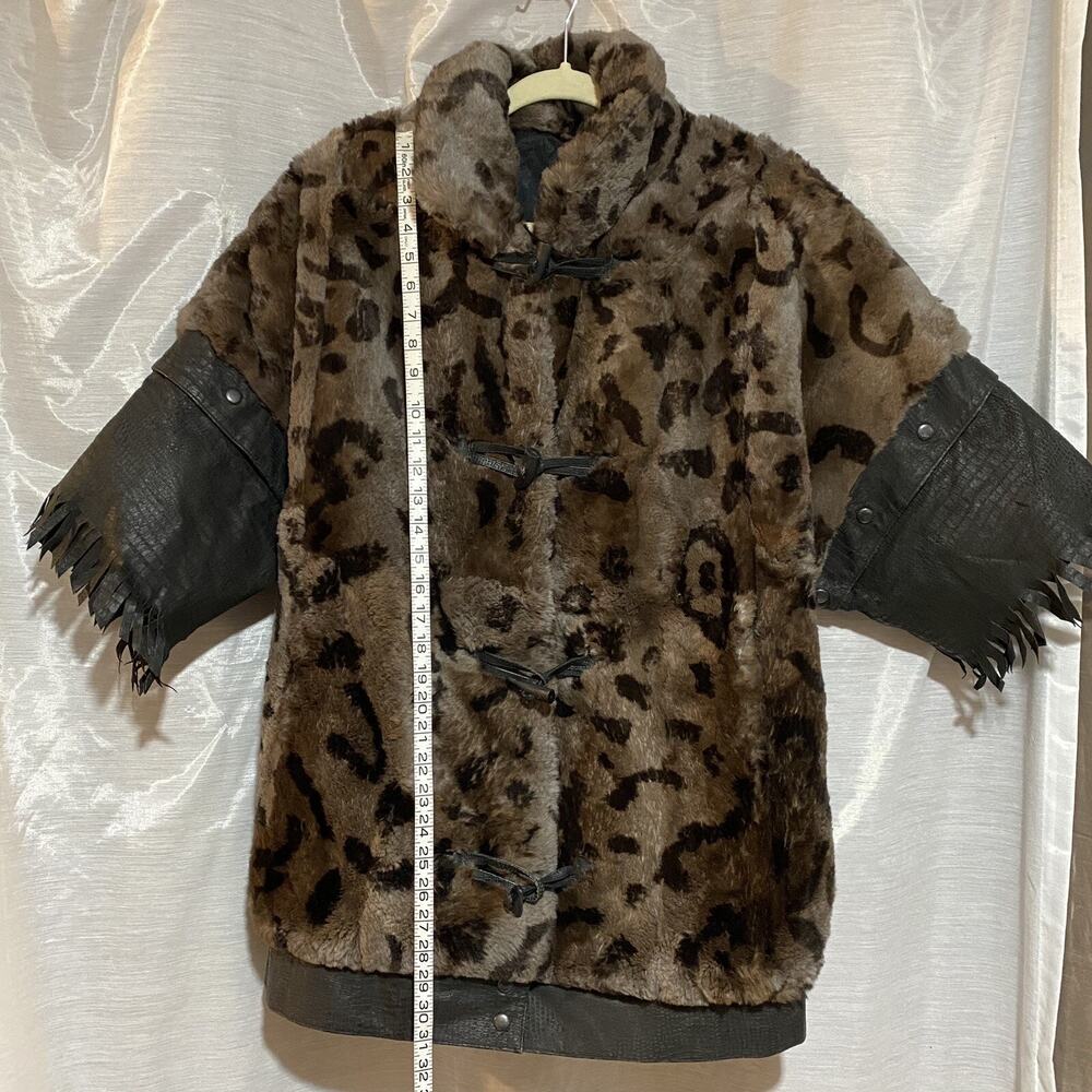 Vintage 90's Niki Dyed Rabbit Fur Coat Faux Leather Fringed Snap Off Sleeves L